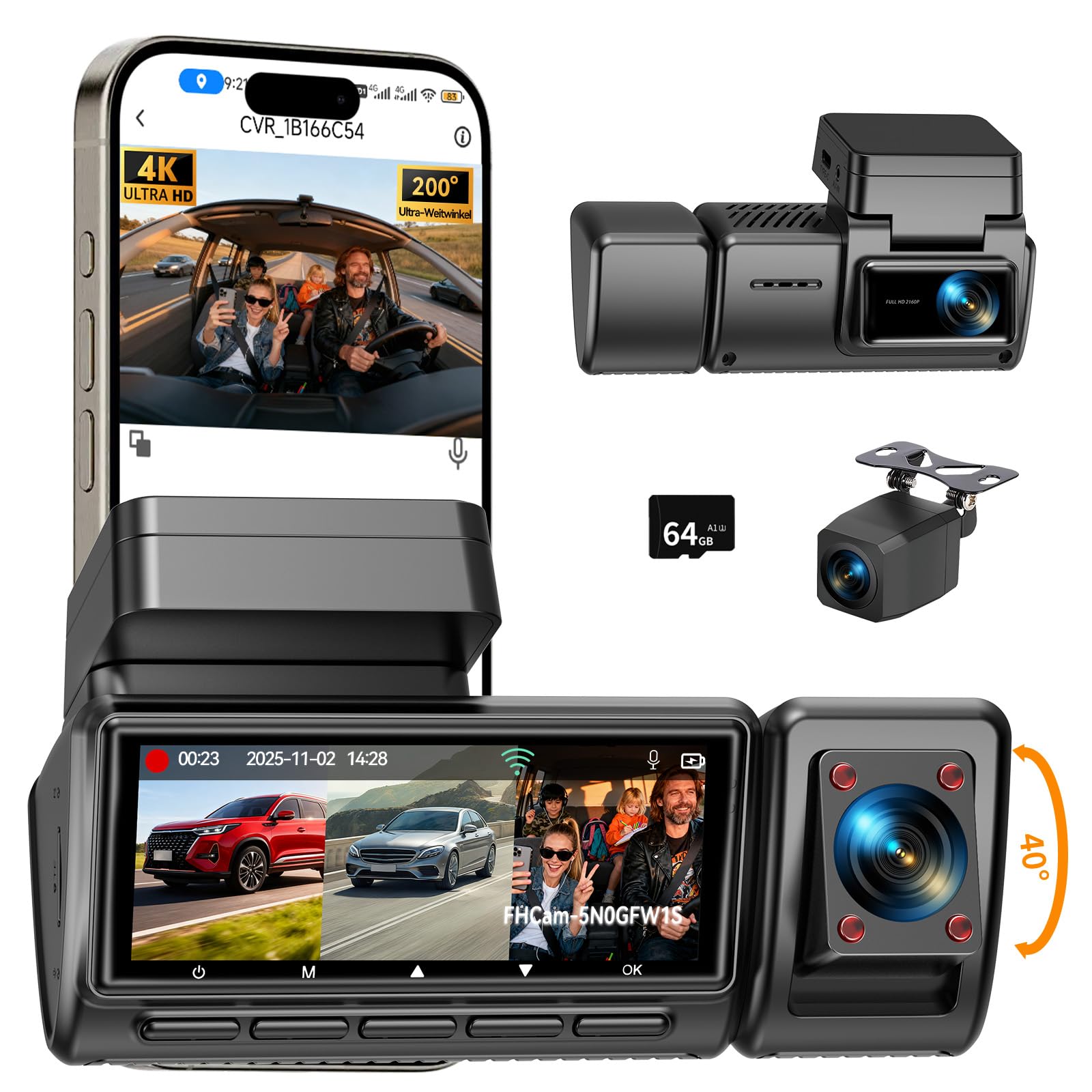 Dashcam Auto Vorne Hinten 2K+1080P -4 Kanal Dash Cam Auto Kamera mit 64GB-Karte,3