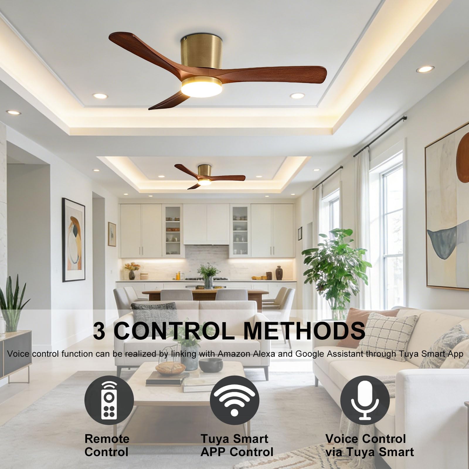 Ventilador de Techo de Madera de Nogal con luz, Moderno, silencioso, LED Regulable para Dormitorio, Comedor y Sala de Estar. Control Remoto Inteligente/aplicación/Voz.