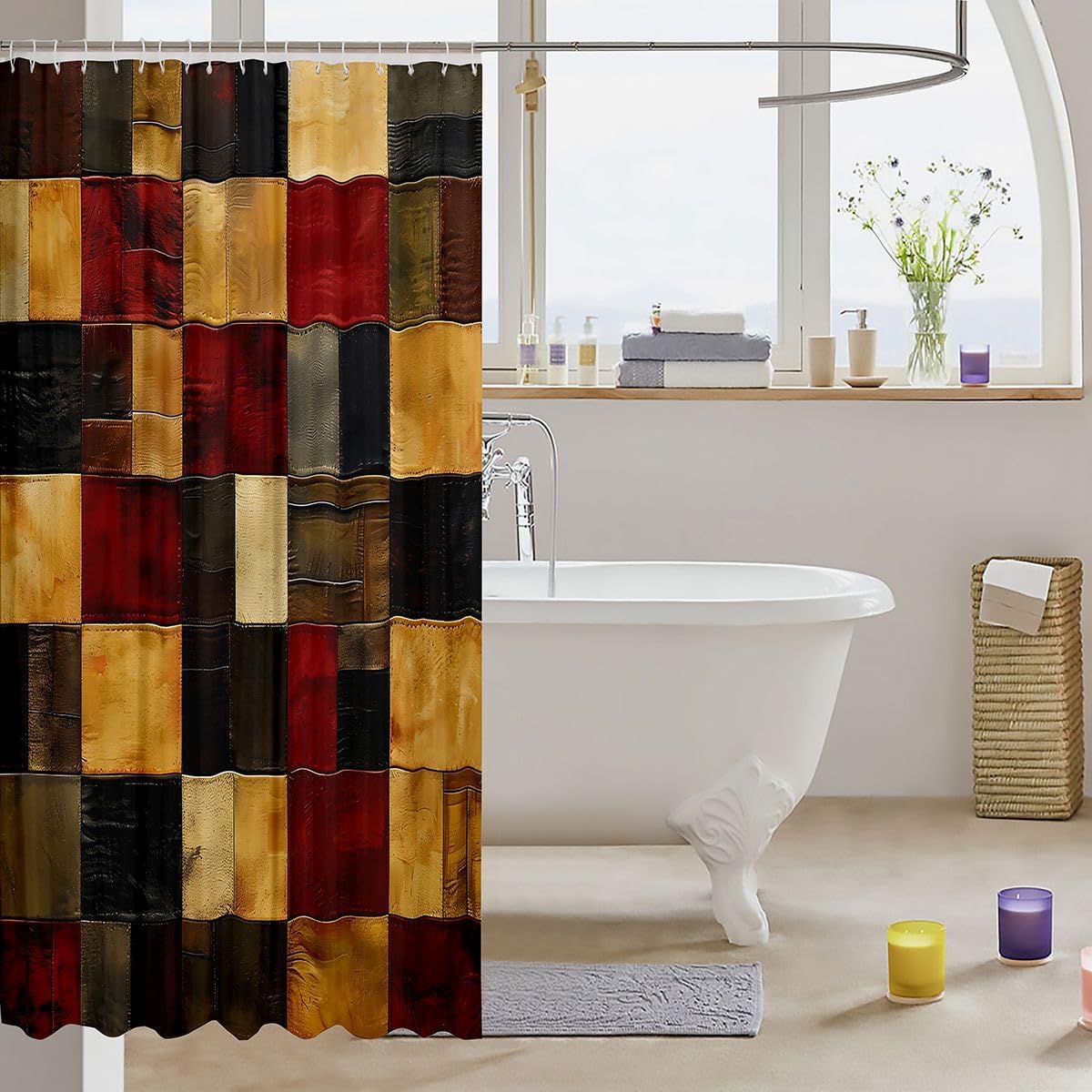 Feelyou Geometric Shower Curtain for Bathroom Decor Patchwork Printed Bath Curtain Checkered Pattern Bathroom Accessories Waterproof Polyester Fabric for Stalls Bathtubs 72"x78" image 3