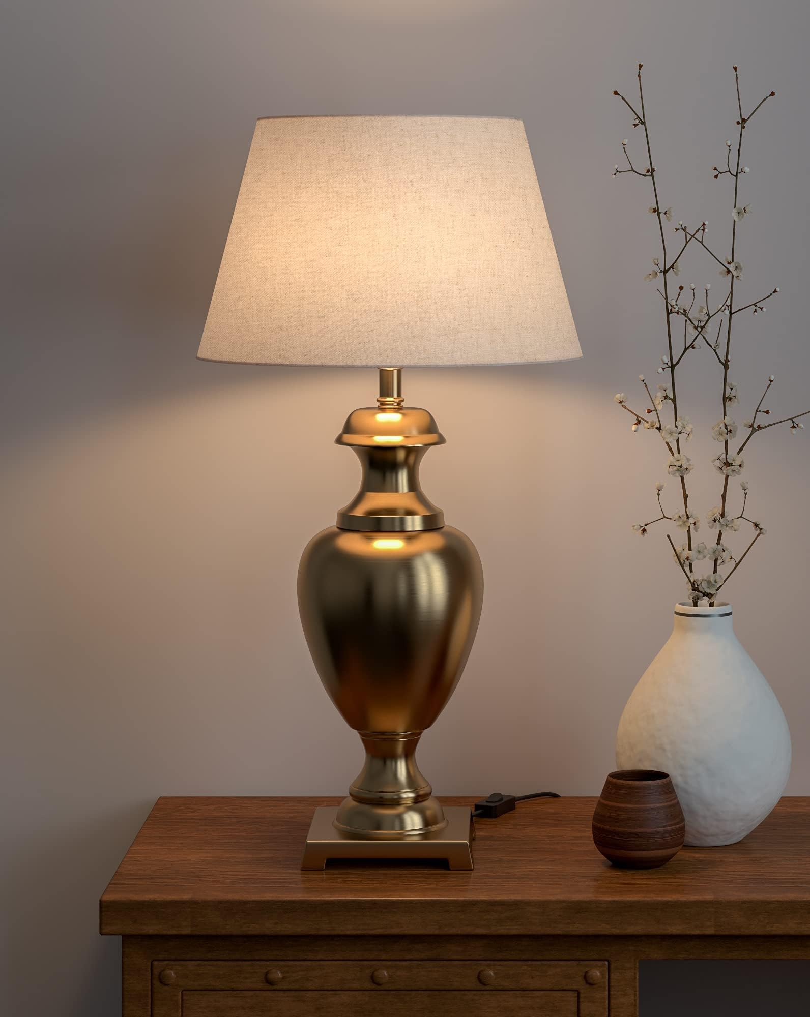 Royal Brass Antique Trophy Table Lamp With Off White 14 Inches Lampshade For Bedside Stylish, Living Room, Bedroom, Home Decoration, Hotel, Pack of 1