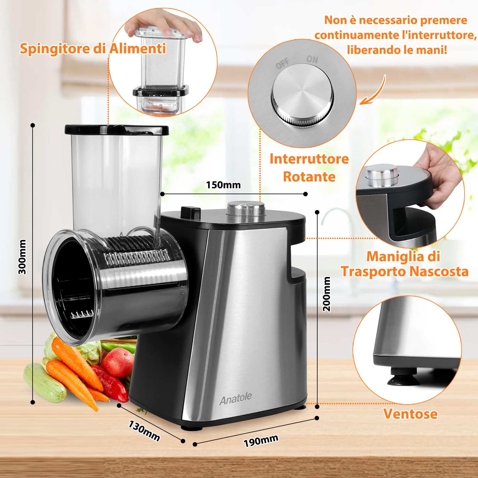 Anatole 6 in 1 Affetta Verdure Elettrico Grattugia per Formaggio Carote | Acciaio Inox, Affettare& Grattugiare& Mcinare Multifunzione, 6 Lame, Calibro Grande, 250W, per Patate Cipolle Casa, 220V