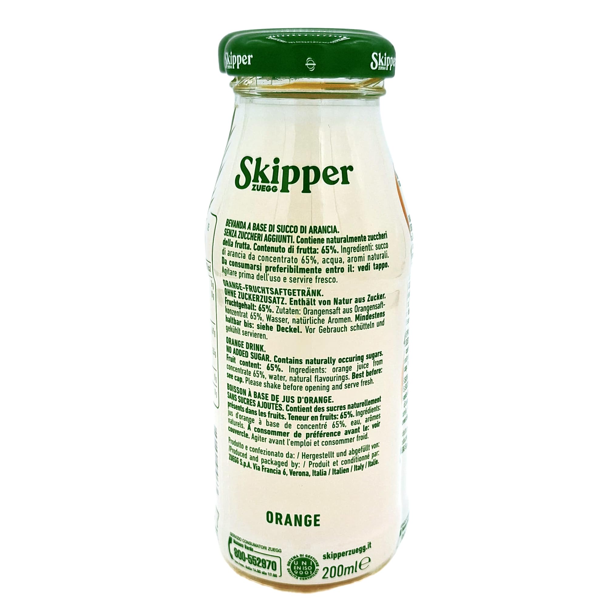 Zuegg Skipper Bar Zumo de Frutas Sabor Naranja Sin Azúcar Añadido, Bar Line en Botella de Vidrio - Bebida Puré de Naranja, Ingredientes 100% de Origen Natural (200ml x 24 Piezas)