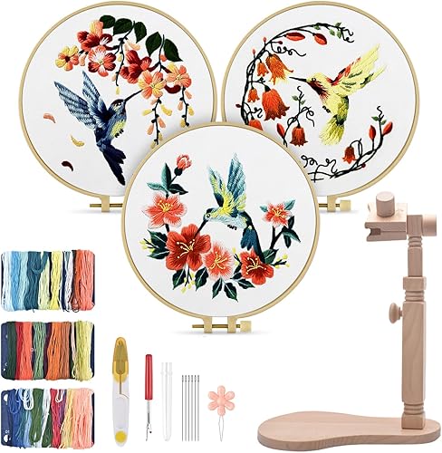 TINDTOP Juego de 3 juegos de bordado para adultos con soporte de aro de bordado, kit de bordado de colibrí y flores, soporte de aro de bordado