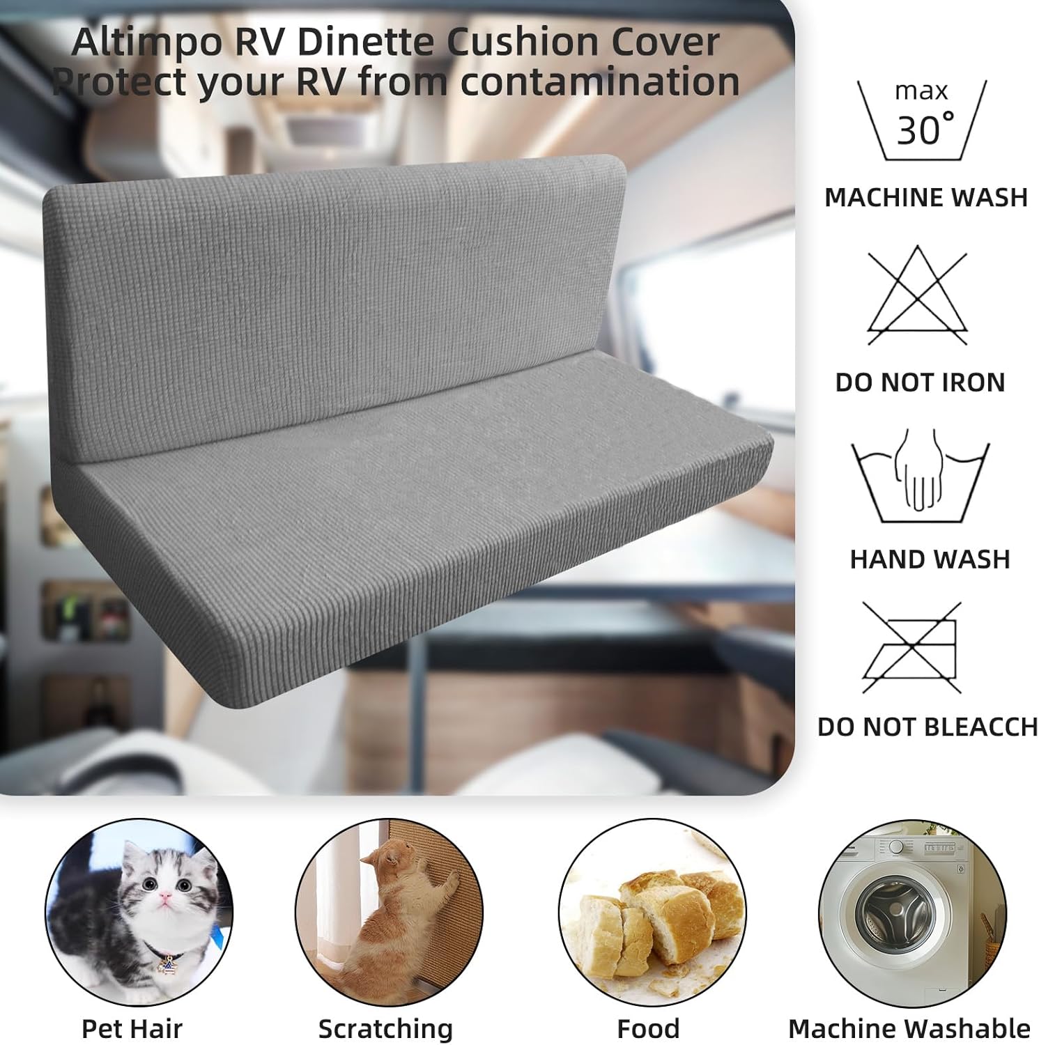 4Pcs Rv Dinette Cushion Covers, Outdoor Sofa Covers Washable Seat Covers Furniture Protector Jacquard Stretchable Camper Cushion Covers with 2 Backrest Cover & 2 Bench Cover (Light Gray)