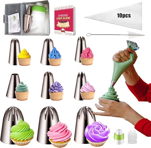 Juego de 22 boquillas de tubería de acero inoxidable con 10 bolsas de pastelería, bolsas de glaseado para cupcakes, 2 acopladores, para decoración