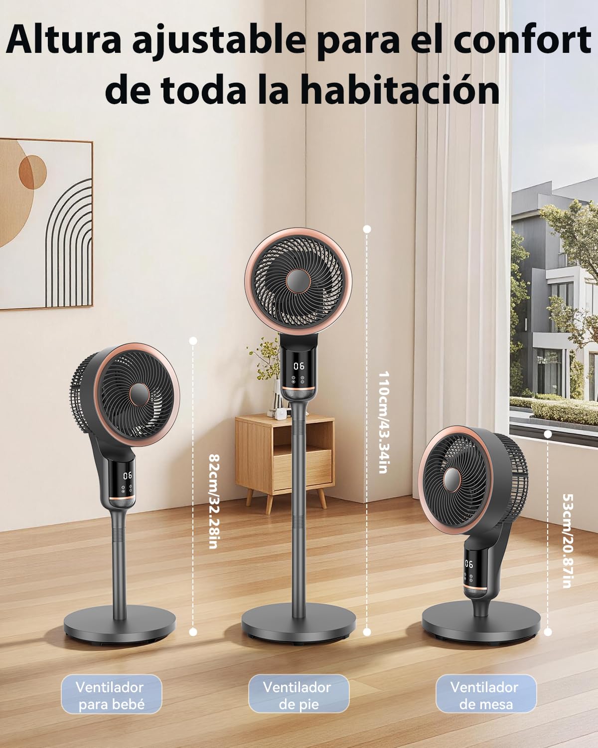 Ventilador de Pie Silencioso 20dB para Dormitorio con Motor DC, 12 Velocidades, 3 Modos, Oscilación 120°+120°, Altura Ajustable 53-110 cm, Temporizador 12 Horas, Mando a Distancia y Flujo de Aire 27m