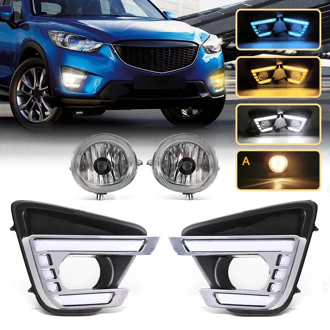 Światła przeciwmgielne do Mazda CX-5 (2012-2016): trójkolorowe światła do jazdy dziennej LED z wbudowanymi kierunkowskazami, przednie światło przeciwmgielne, zasilanie 12 V.