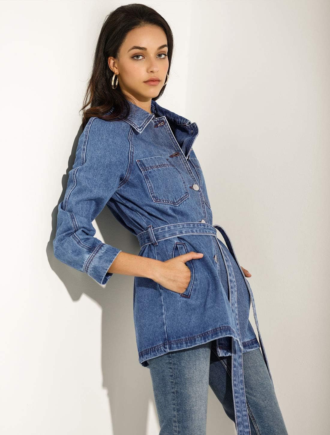 Allegra K Women's Casual Jean Jackets Long Sleeves Tie Waist Button Down Denim Jacket - Image 3