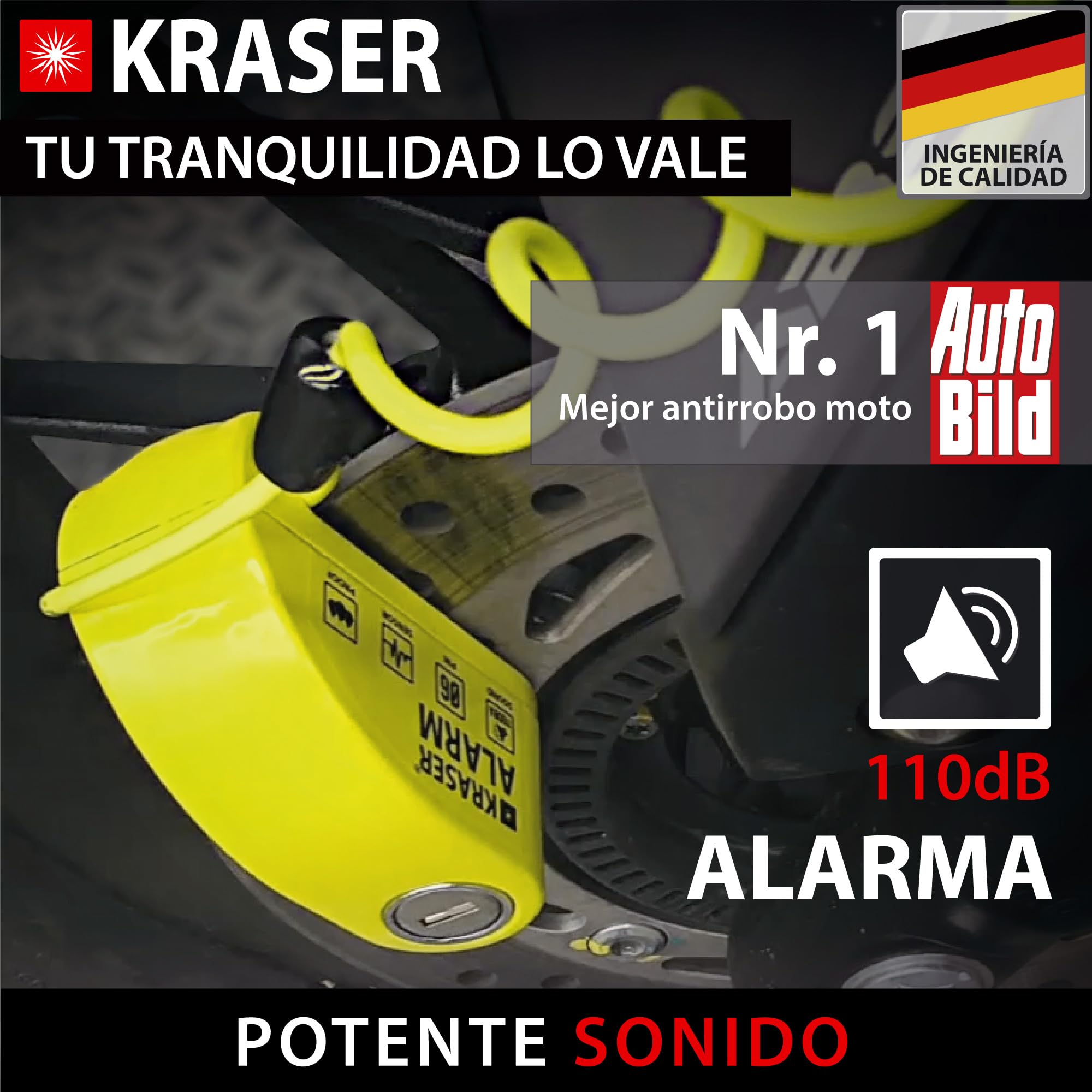 KRASER KR6Y Candado Moto con Alarma 110dB Antirrobo Disco Reforzado 3 Llaves Alta Seguridad Impermeable