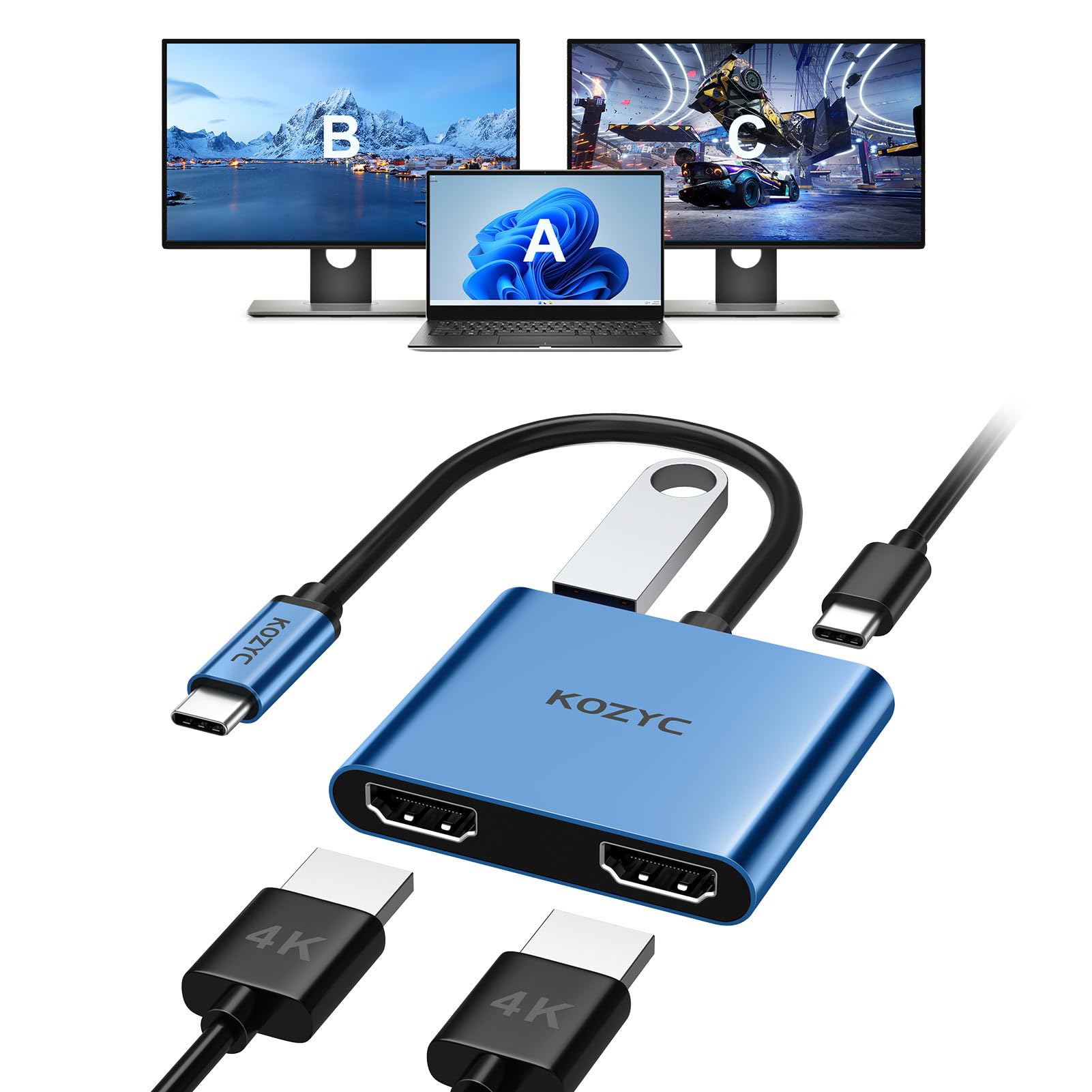 Amazon.com: KOZYC USB C to Dual HDMI Adapter 4K@30Hz, USB C Hub