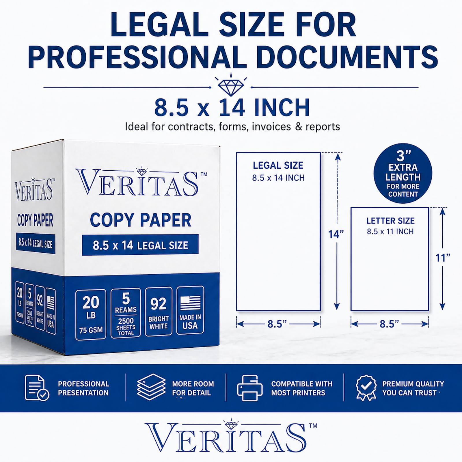 Veritas Kopierpapier, 8,5 x 14 cm, legale Größe, 5 Ries, 2500 Blatt insgesamt, 92 kg / 75 g/m², 92 hellweißes Mehrzweck-Druckerpapier für Büro, Geschäft, juristische Dokumente, Laser und Tintenstrahl