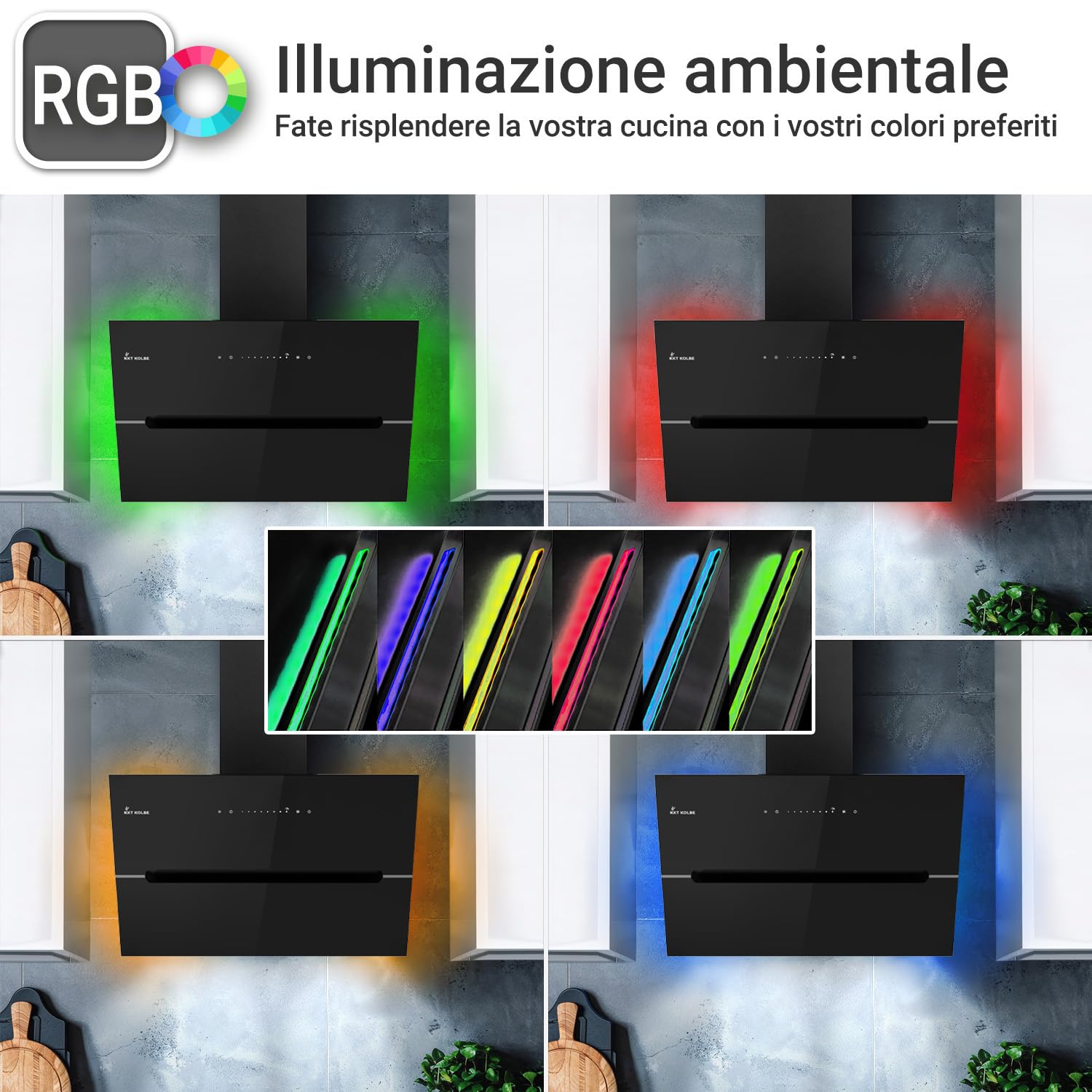 KKT KOLBE Cappa aspirante 90 cm acciaio inossidabile vetro nero WiFi LED RGBW ECCO9005SM
