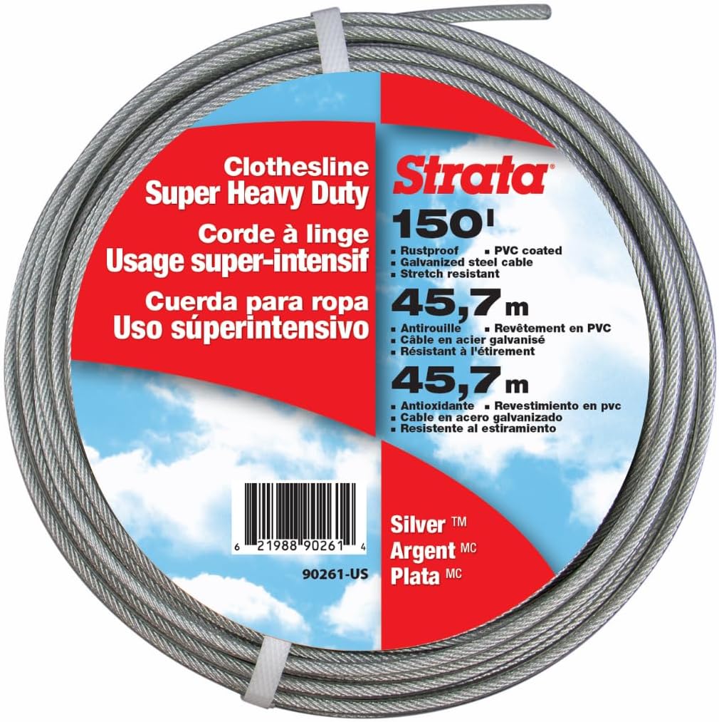 Strata 150 Feet Clothesline Outdoor Heavy Duty Galvanized Wire Steel Cable, Silver PVC Coating - Clothes Line Wires for Outside Laundry Drying