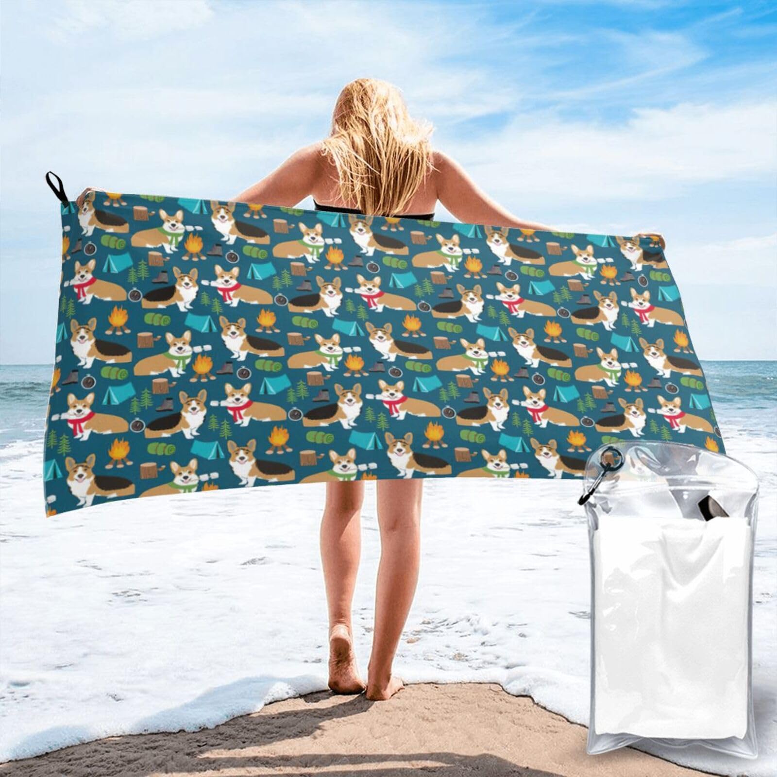 Jiuty White Corgi Print Fast Dry Beach Towel Portable For Swimming Travel Gym Hiking Gift