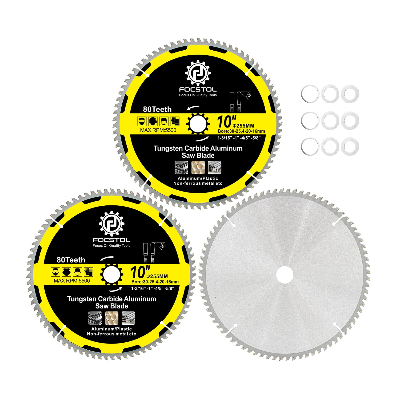 FOCSTOL 255mm Aluminum Cutting Circular Saw Blade - 3pcs 80 Teeth TCG Non-ferrous Metal Cutting Blade with 30mm Arbor for Aluminum Non-ferrous Metals Plastic