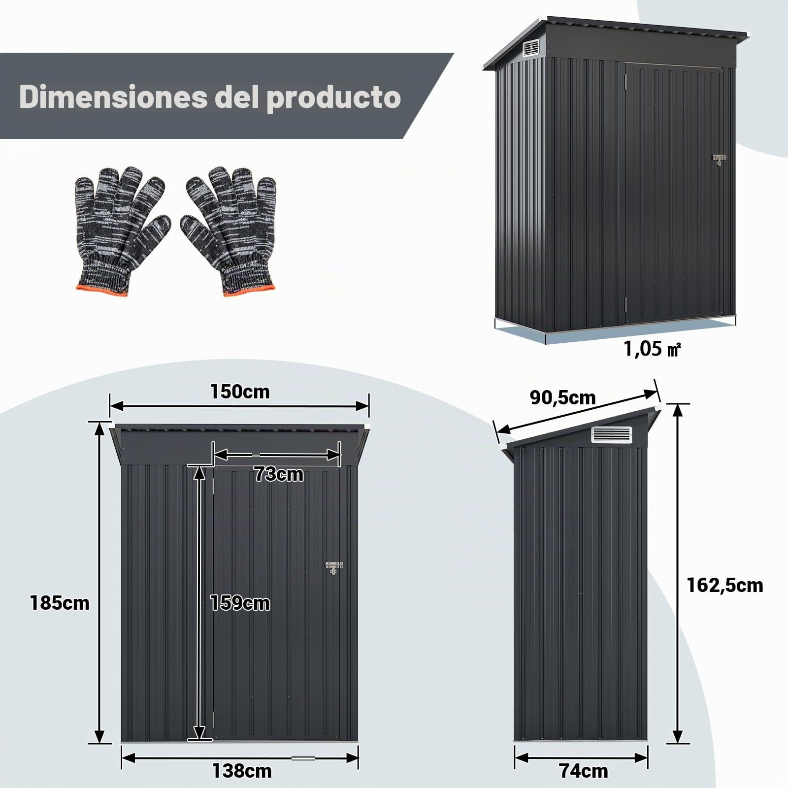 GOPLUS - Caseta de jardín de metal galvanizado para herramienta con techo inclinado, resistente a la intemperidad, 150 x 88 x 185 cm, cabina de jardín con ventilación de 1,88 m³, potre ferrable y