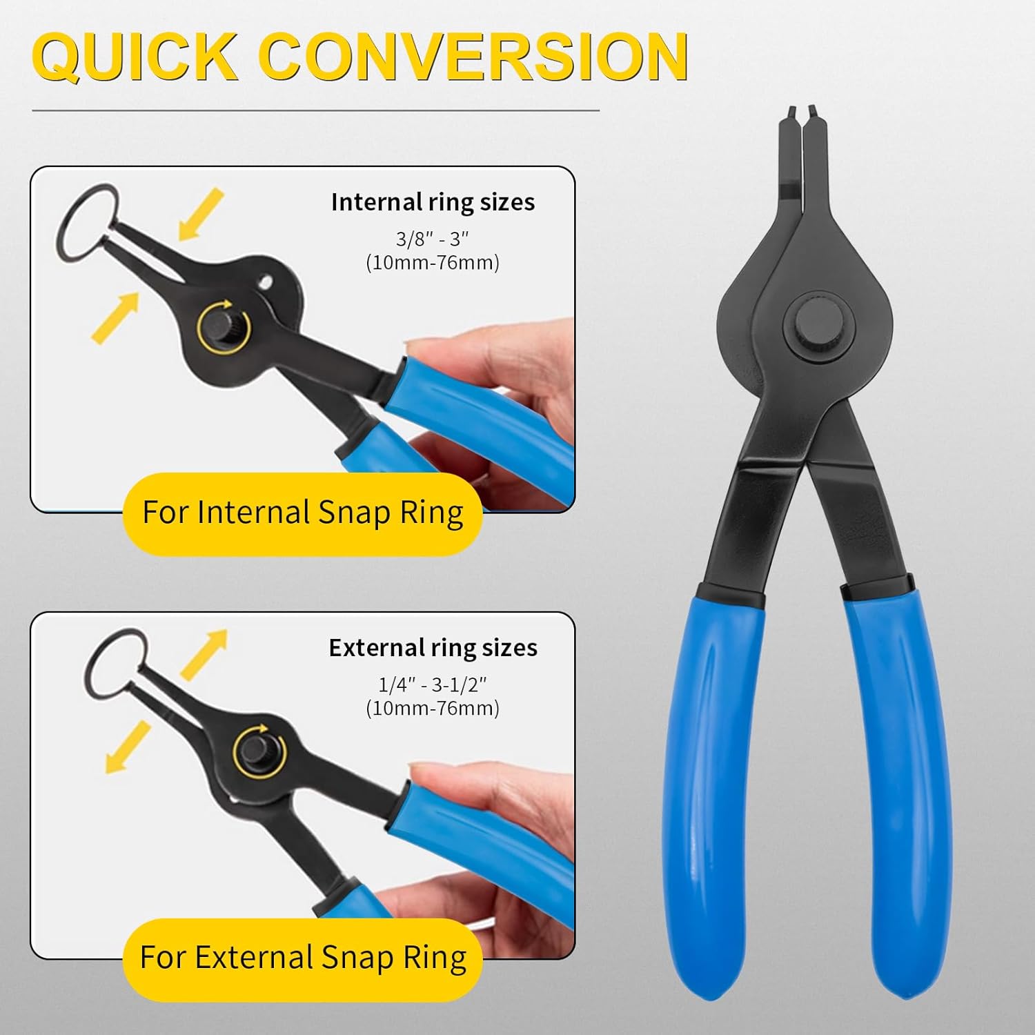 12PCS Versatile Snap Ring Pliers Set with 4PCS Pick Tool, Internal/External Retaining Ring Pliers with 4 Tip Sizes (0.038/0.047/0.070/0.090in) for Circlip Removal, Automotive & Machinery