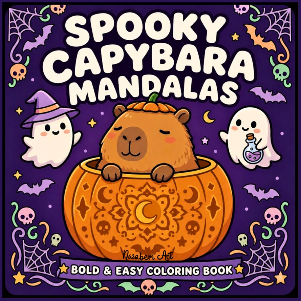 SPOOKY CAPYBARA MANDALAS: Bold & Easy Coloring Book: A Cozy Halloween Coloring Book for Adults and Kids with Cute Capybaras, Kawaii Ghosts, and Simple Mandalas with Thick Lines for Relaxation