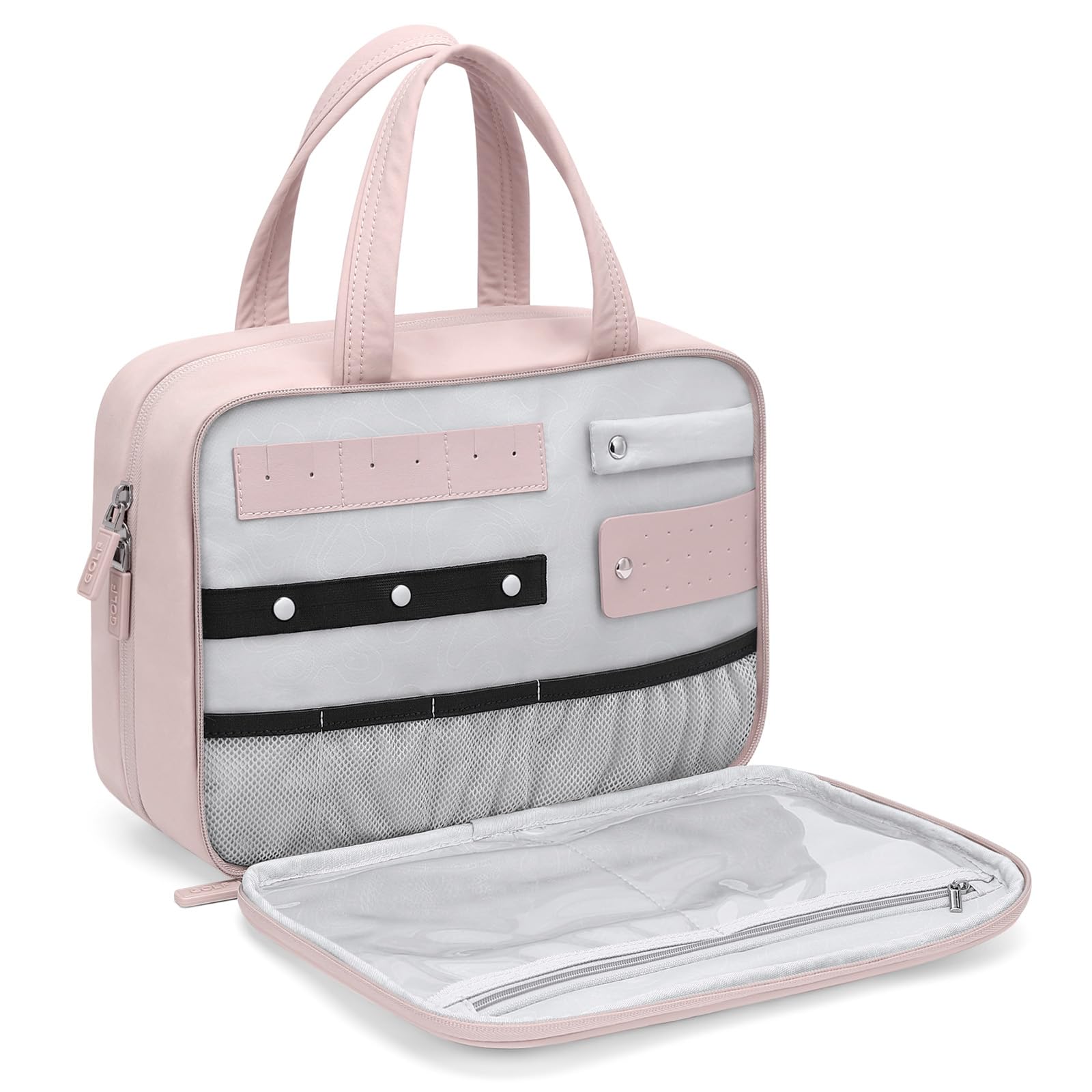GOLF QUALITY Travel Toiletry Bag,Water-resistant Makeup Cosmetic Bag with Jewelry Organizer Hanging Toiletry Bag for women Trips Camping Bathroom,Smoky Pink