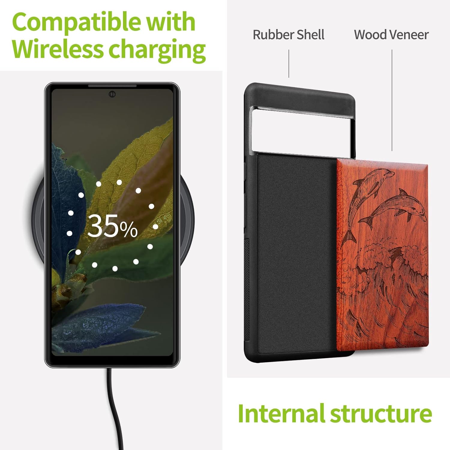 Carveit Wood Case for Pixel 7 Case [Natural Wood & Black Soft TPU] Shockproof Protective Unique Wooden Cover Compatible with Google Pixel 7 (Dolphin with Sea Waves-Rosy)