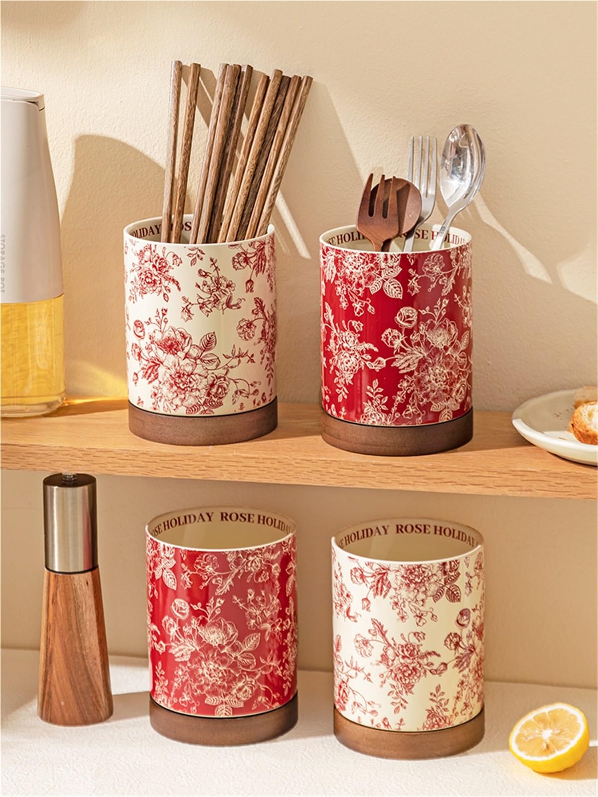 Porte Ustensiles Secchio for bacchette | Moderna casalinga Rose Holiday, cucchiaio drenante in ceramica, scatola porta bacchette(White)