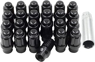 Wheel Accessories Parts 24 Pcs 14mm 1.50 Thread ET Bulge Acorn (Extra Thread for Spacer) 1.70 Long Spline Lug Nuts Black Chrome Truck Spline Fits Chevy Silverado 1500 2016+ Ford F 150 2019+ Ram 1500