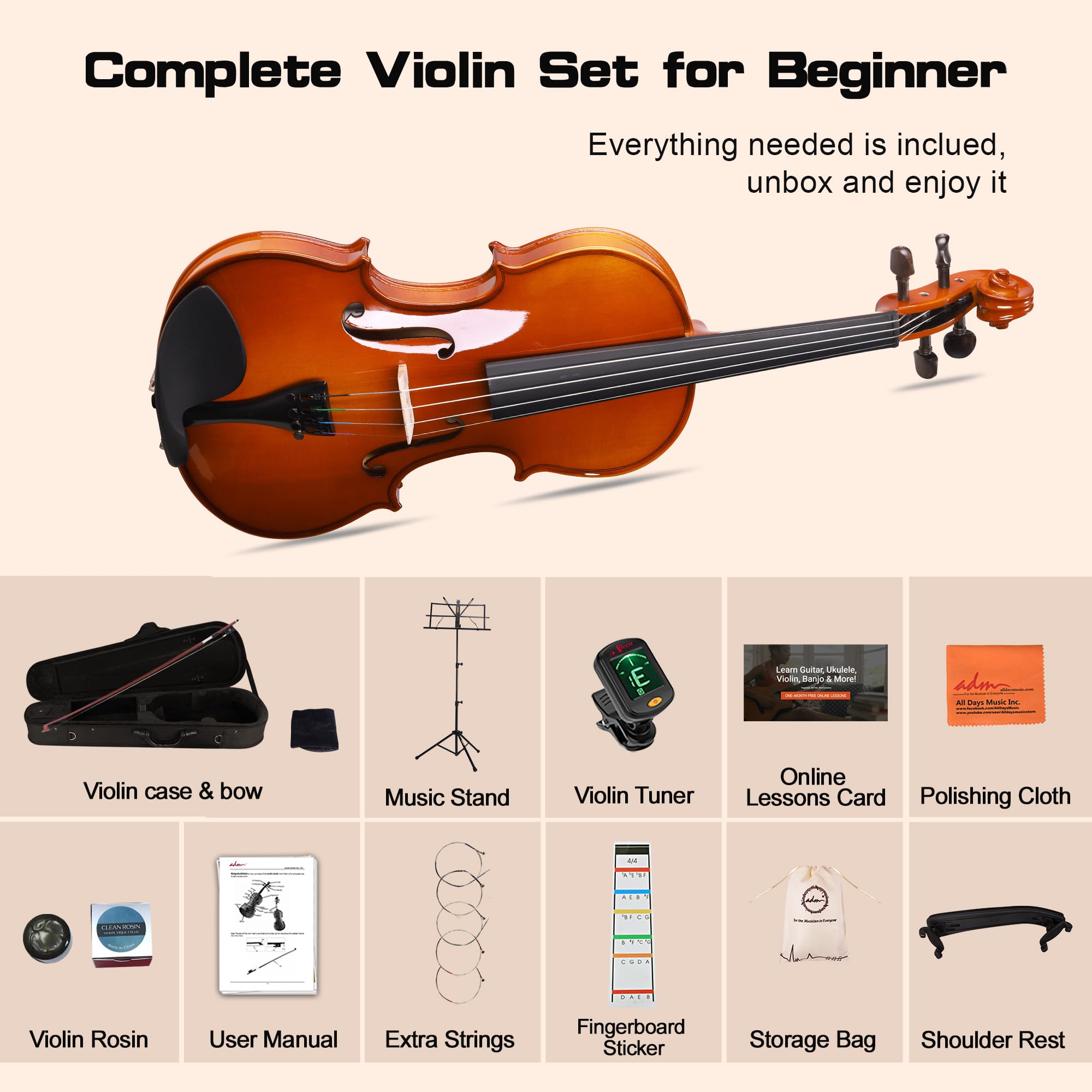 ADM Violino acustico per principianti 4/4, set di violino in legno massello di ebano, per adulti, adolescenti, studenti, starter kit con custodia rigida, spalliera, arco, leggio musicale, corde