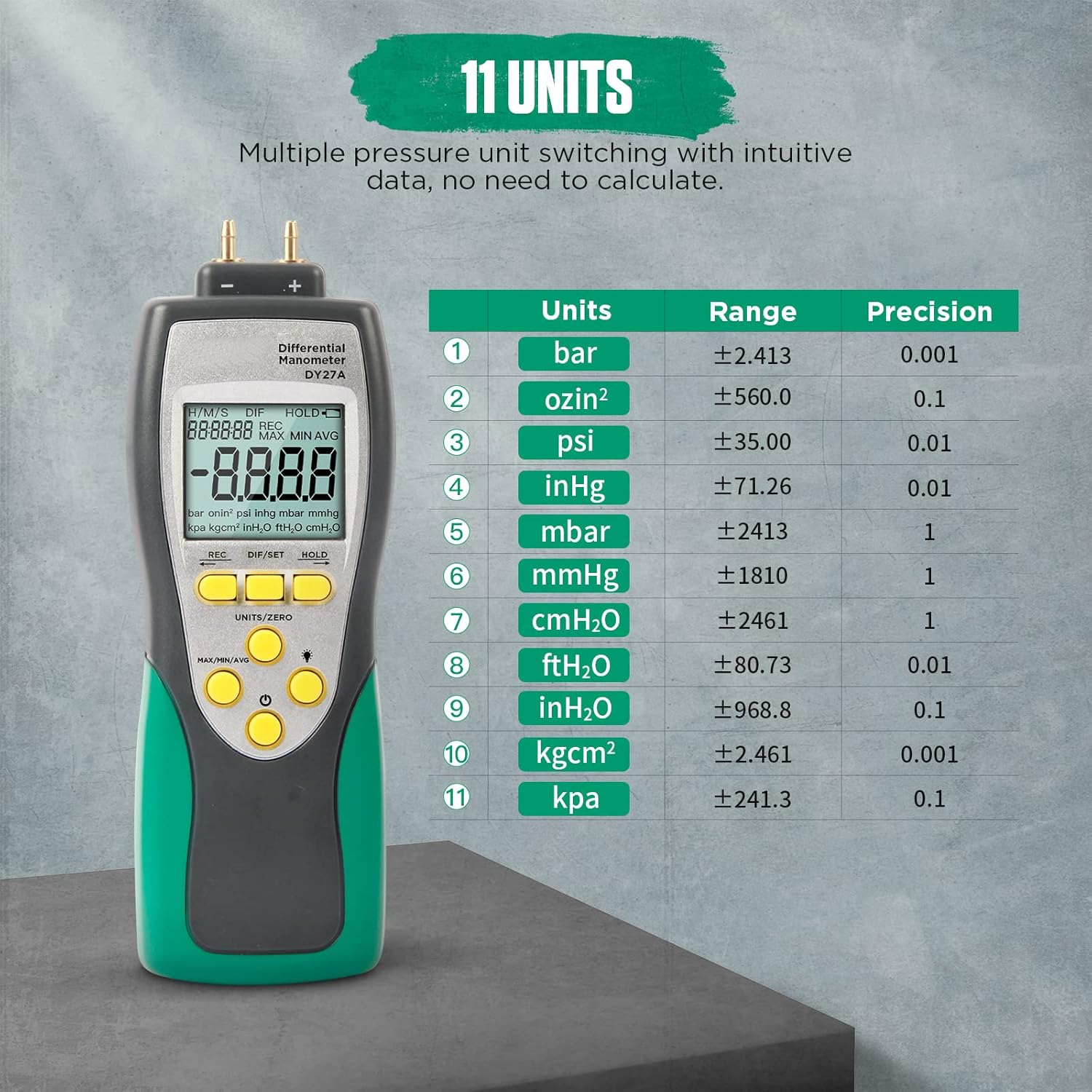 Digital Manometer,DY27A Differential Manometers,Digital Differential Pressure Manometer Ventilation System/Gas Pipeline/Brake Vacuum Pump with 11 Units LCD Display Store 48 Sets of Data