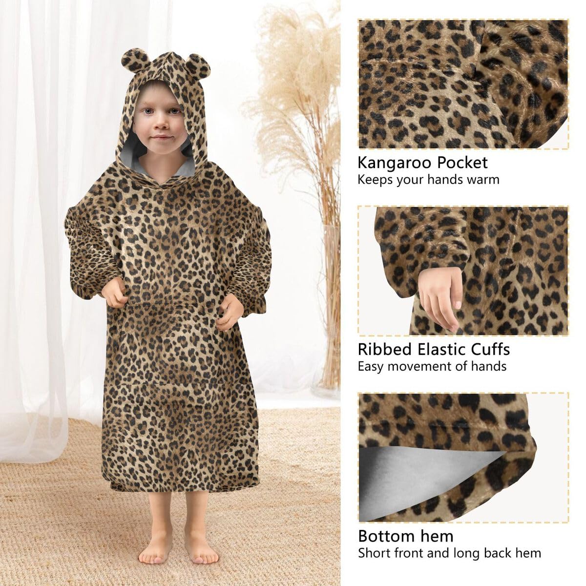 Leopard Skin Dziecięcy koc do noszenia z kapturem, oversize, bluza z kapturem, sweter, skóra zwierzęca, dla chłopców i dziewcząt w wieku 3-14 lat
