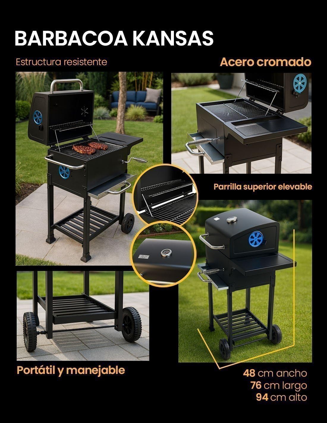 JARDIN202 - Barbacoa de Carbón con Tapa y Termómetro Kansas | Grill Ajustable con Parrilla Cromada y Calentador Superior| Ruedas Grandes | (Negro)