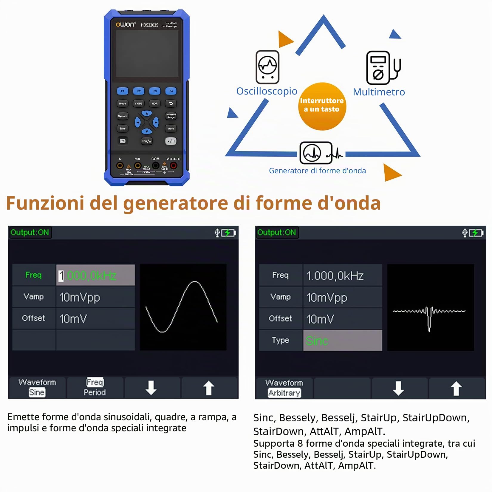 OWON HDS2202s Oscilloscopio 3 in 1 Oscilloscopio portatile professionale per PC, multimetro digitale da 20000, strumento di prova universale, batteria al litio di grande capacità (200 MHz+2CH +1CH)