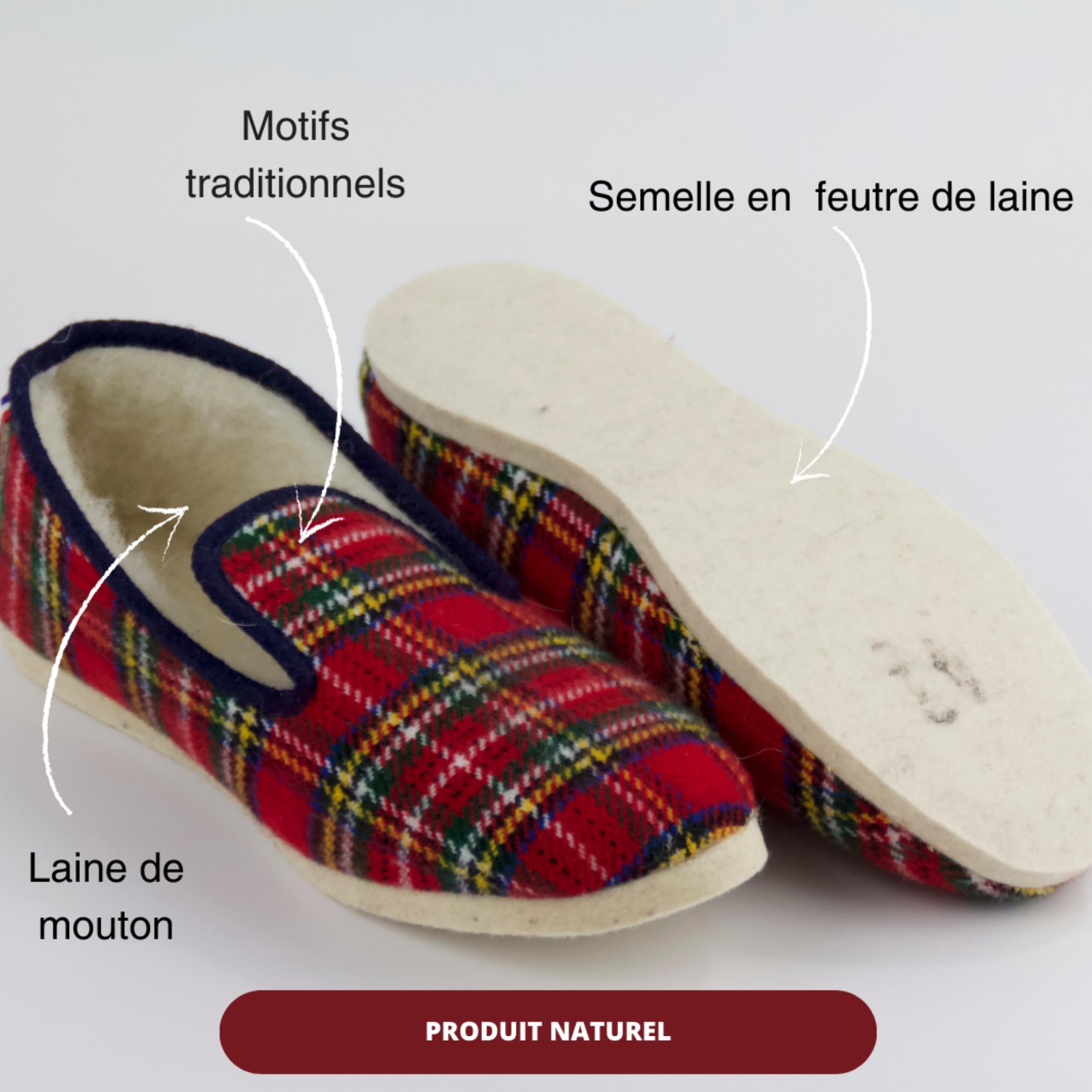 Charentaise du Berry - taille 36/53 - Chausson mixte Made in France - Charentaises intérieur confortable doublure fourré 100% laines naturelle et chaud en hiver - Pantoufle pour la maison - Rouge bleu