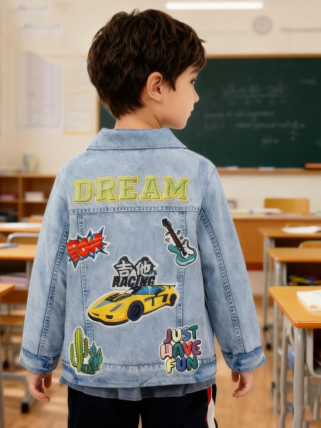 Kids Fleece Lined Denim Print Jacket, Long Sleeve Faux-Embroidery Jeans Print Winter Coat for Toddler Boy Girl 3-8T