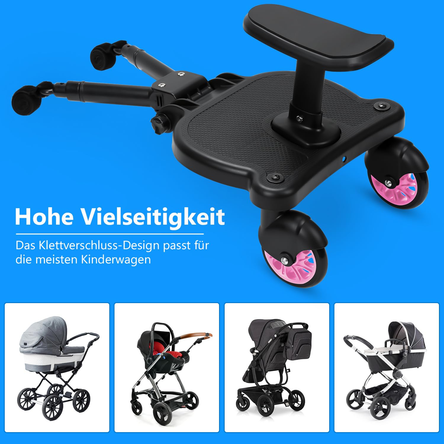 Kiddy Board per passeggino con sedile, pedana universale con sedile rimovibile, doppia ruota a 360 gradi, regolabile, fino a 25 kg, rosa