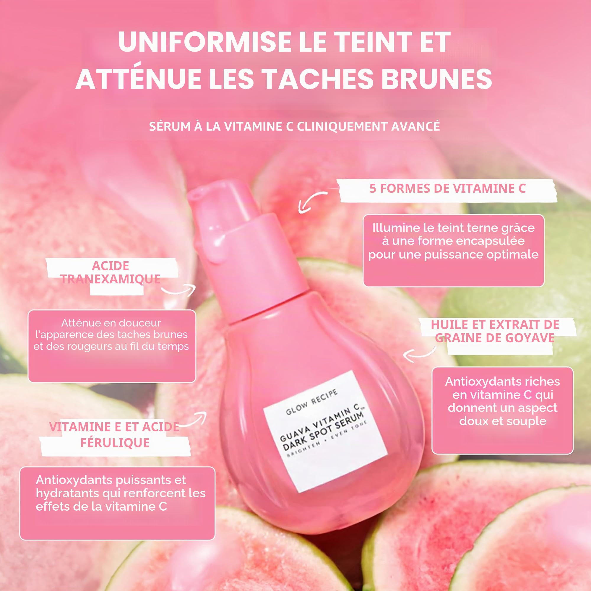 Glow Recipe Sérum à la vitamine C à la goyave pour peaux sensibles – Hydratant, éclaircissant et végétalien – Sérum coréen pour le visage pour les taches sombres, même le teint et les rougeurs