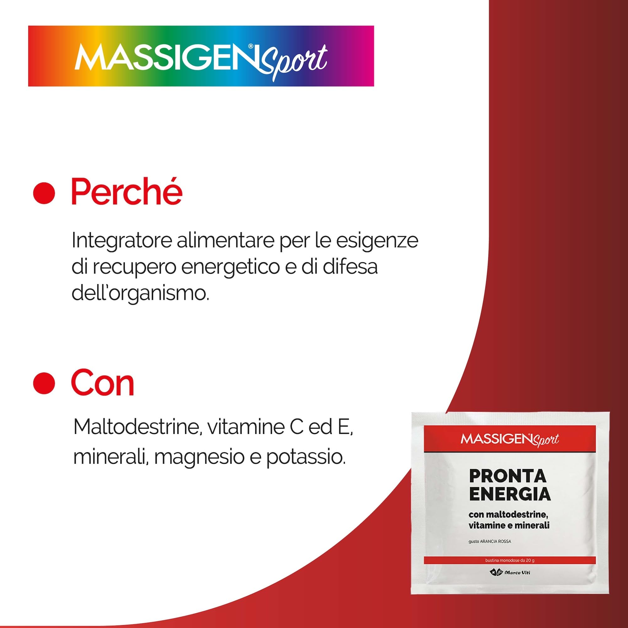 Massigen - Pronta Energia Sport, Integratore Energetico con Maltodestrine, Minerali e Vitamine, 12 Bustine da 20 g