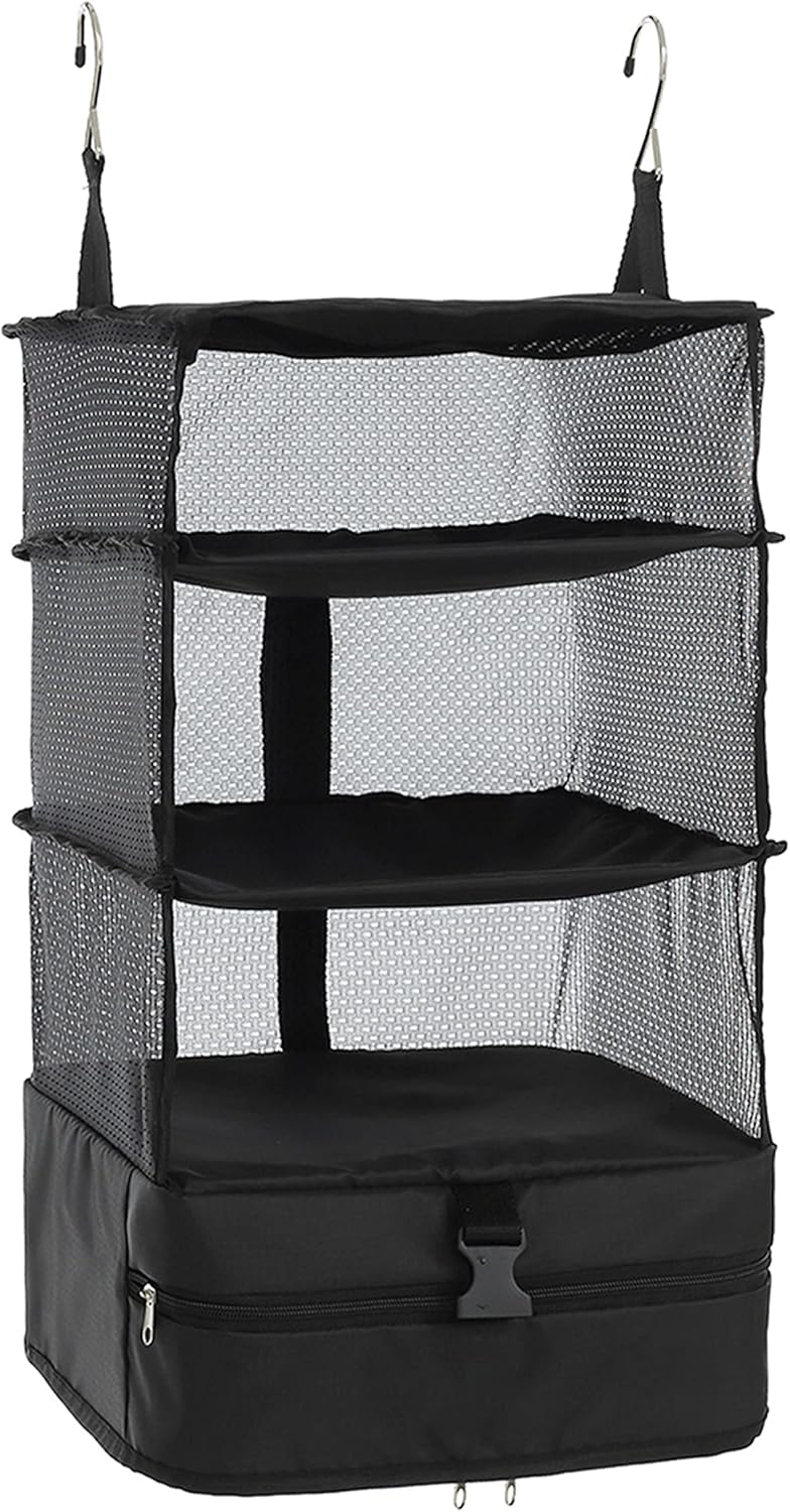 ELEZAY Hanging Packing Cubes Portable Travel Closet Collapsible Compression Clothes Organizer with Built in Shelves for Carry-on Luggage Suitcase Wardrobe Large_11.8*11.8*24 IN, Black