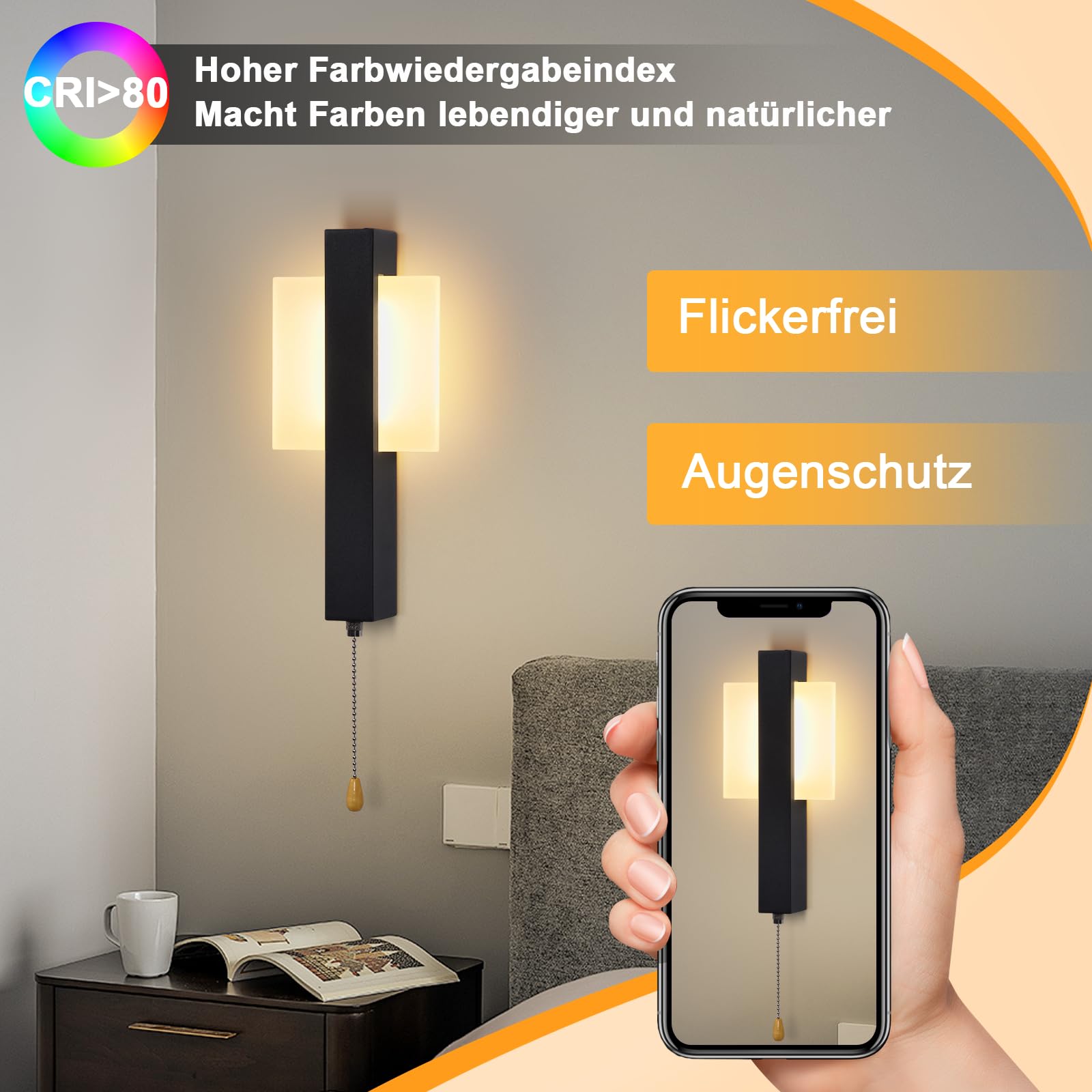 ZMH 2ER LED Wandleuchte Innen Wandlampen Mit Zugschalter Schwarz Flurlempe