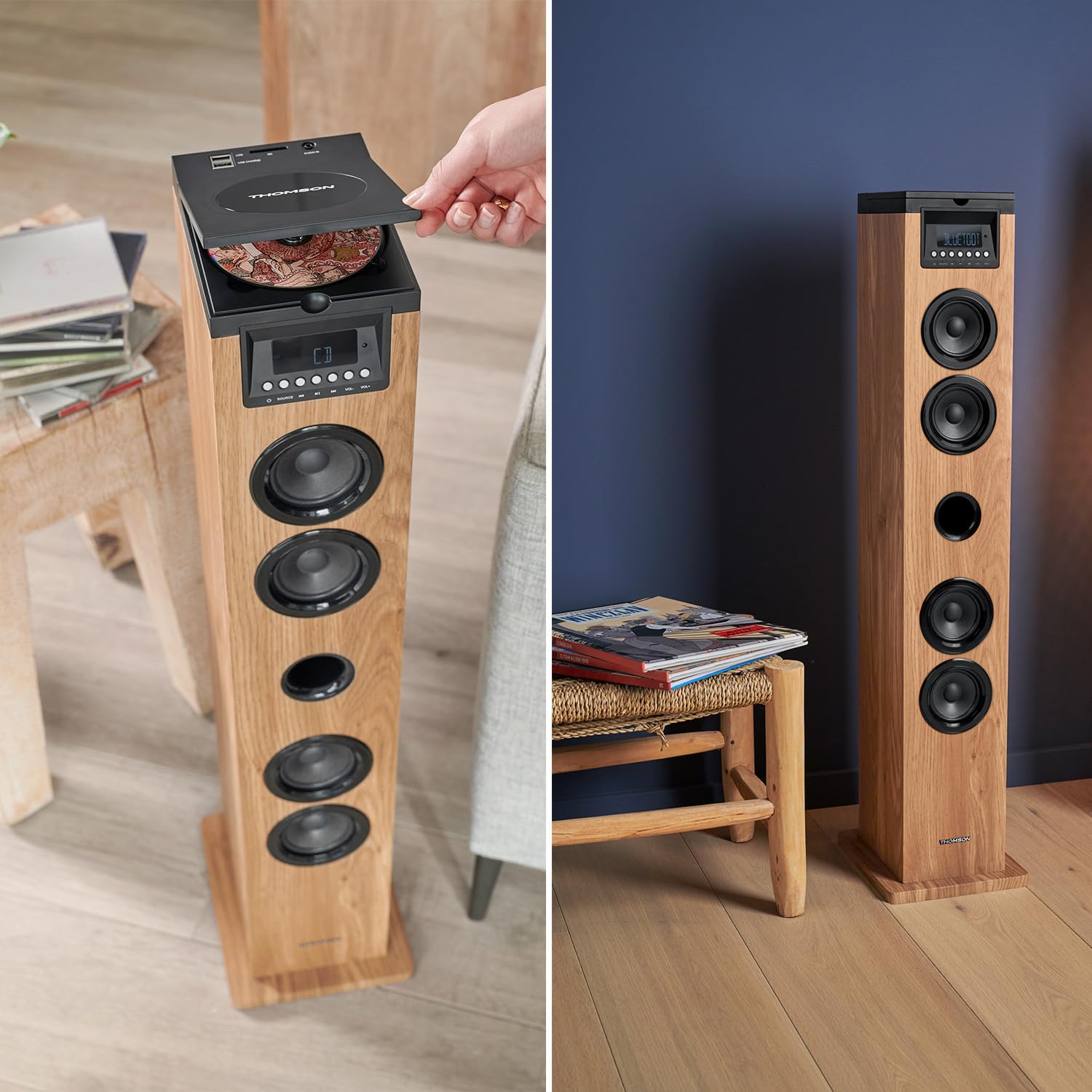 Tour de Son Thomson DS122CD - 60W - HiFi Bluetooth, Lecteur CD, télécommande, AUX in, Radio FM - Bois/Noir, Jeu de lumière LED