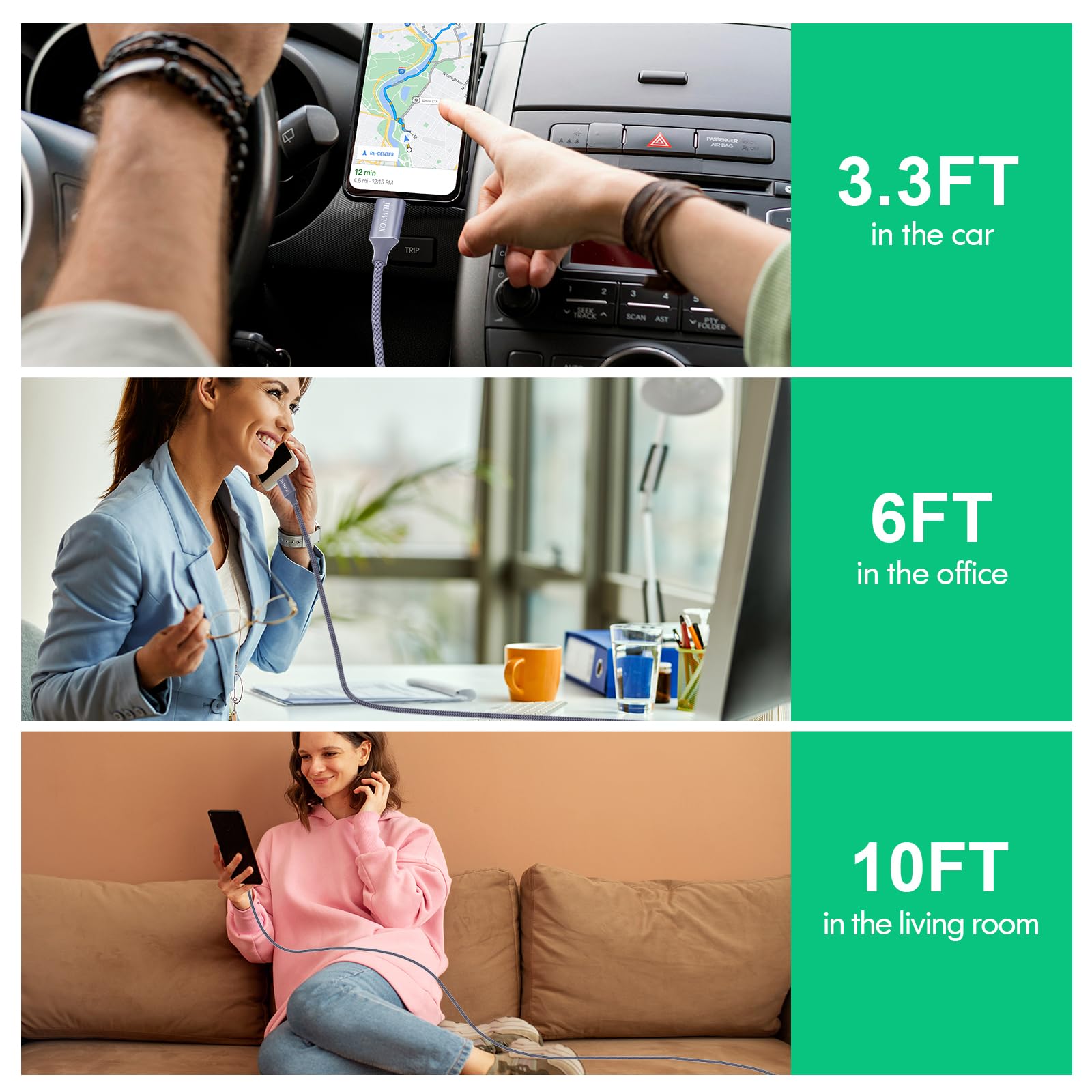 JIUWFOX Cable USB tipo C (5 unidades de 3.3/3.3/6/6/10 pies) trenzado C cable de carga rápida compatible con iPhone 15 Pro Max, para Samsung Galaxy S20 S10 S9 S8, Note 10 9 8, A11 A20 A50 A51 A71 A80