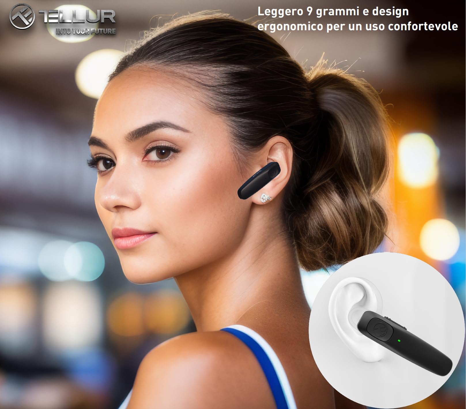 TELLUR VOX 155 Auricolare Bluetooth, Auricolare Vivavoce USB-C, Multipunto Due Dispositivi Simultanei, HD Voice Due Microfoni per la Soppressione del Rumore, Gancio a 360° per Destro o Sinistro