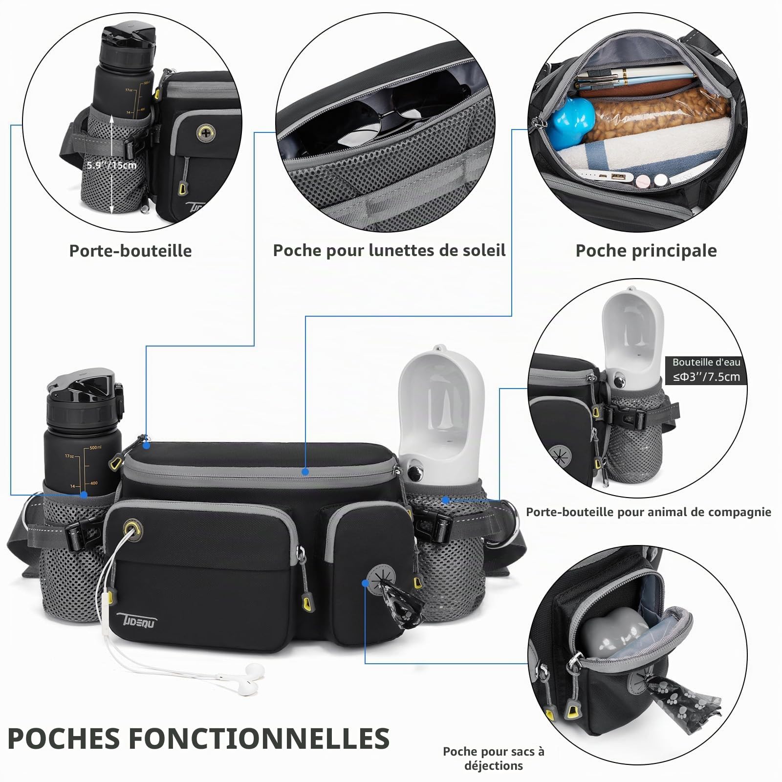 TUDEQU TUDEQU - Ceinture 4 en 1 pour promener le chien avec grande poche et mains libres pour grands chiens qui tirent, entraînement, jogging et randonnée