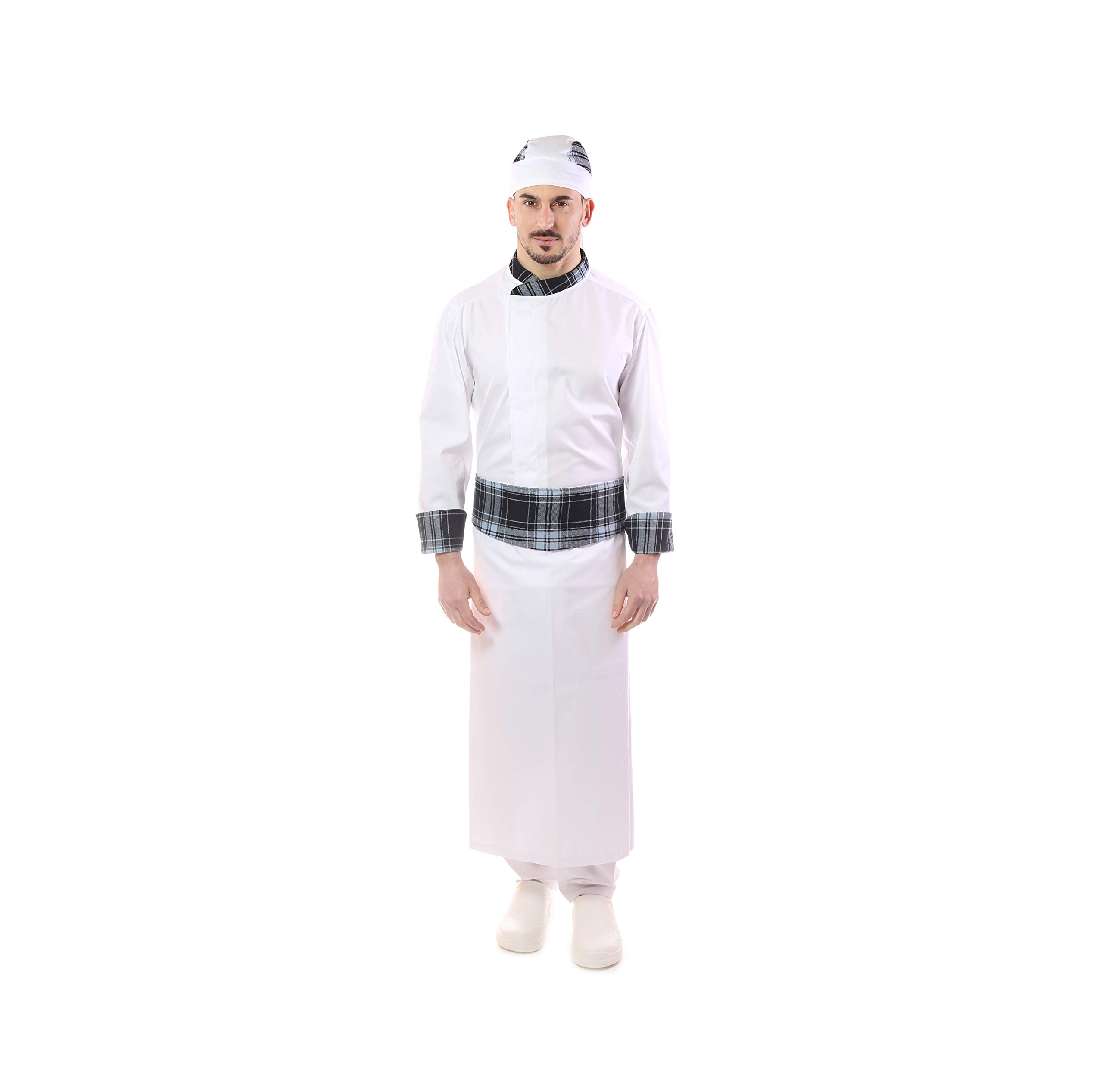 Ricamo Gratuito - Completo Cuoco e Chef Bianco - Scozzese - per Uomo - Doppio Collo - 4PZ - Giacca, Pantalone, Davantino e Bandana - Divisa per Cucina e Ristorante - Made in Italy
