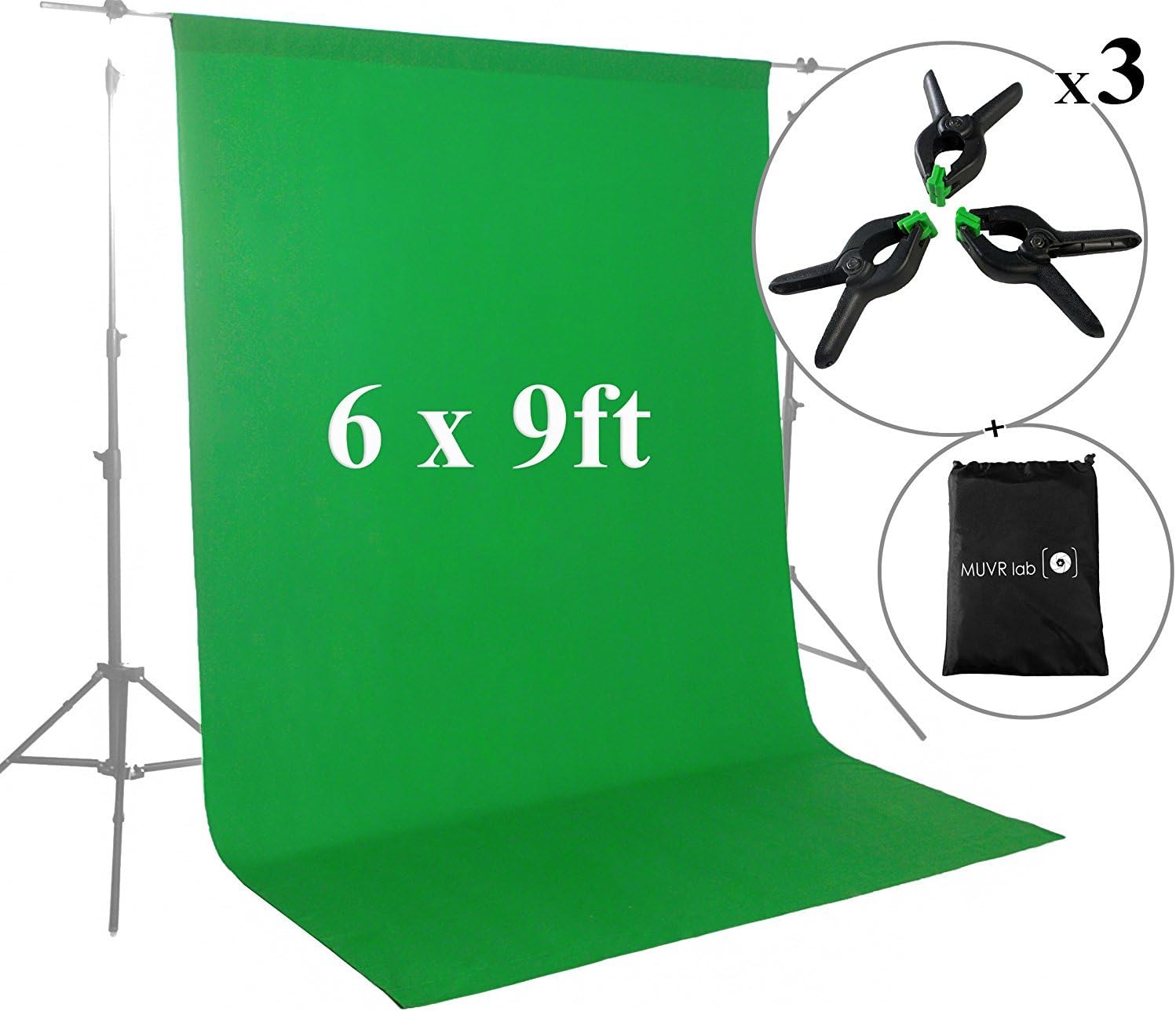 Green Screen Photo Backdrop or Background 6х9 Ft – 100% Cotton Muslin Chromakey Curtain Collapsible Set for Photography Studio Videos Gaming - Bonus 3 Backdrop Clamps & a Carry Bag - MUVR lab