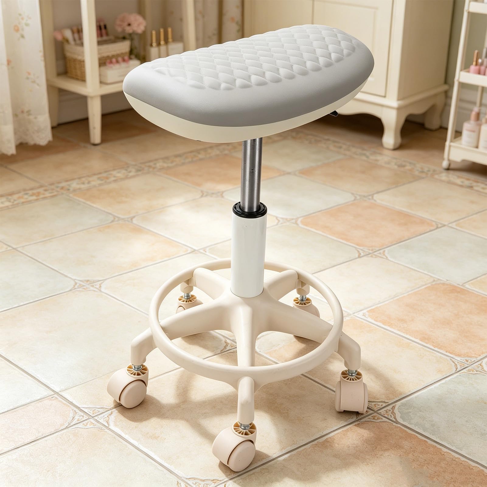 Luocute Höhenverstellbarer Rollhocker mit Fußstütze, um 360 Grad Drehbarer Salonhocker mit 5 Glatten Rollen und Wasserdichtem PU-Leder für Maniküre, Pediküre und Nagelstudio