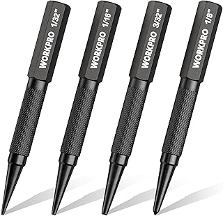 WORKPRO 4-Piece Nail Punch and Center Punch Set, Hardened Cr-V Steel with Knurled Grip,1/32", 1/16", 3/32" Nail Setter & 1/32" Center Punch Tool