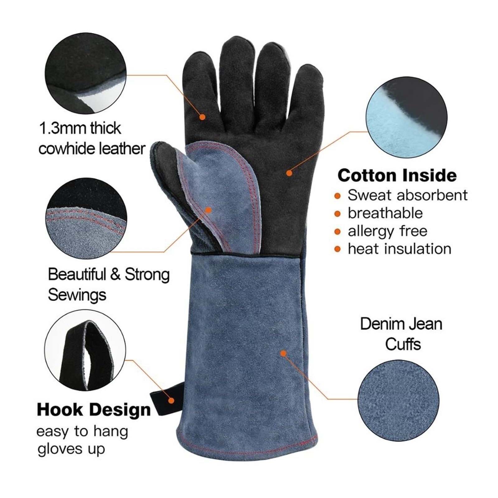 Forniture per Saldatura, Guanti da Saldatura da 16 Pollici per saldatori, Guanti da Lavoro in Pelle Bovina Spessa, Resistenti al Calore, Guanti da Forno e Barbecue, Isolamento Termico per grigliate