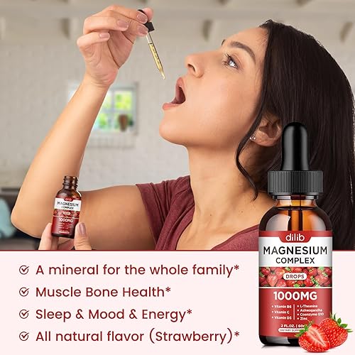 Miniatura 6 de Suplemento triple de complejo de magnesio, glicinato de magnesio, mezcla, gotas líquidas de citrato de 1000 mg con Ashwagandha, CoQ10, vitamina B6,