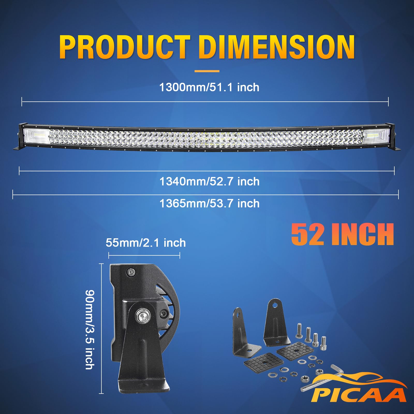 PICAA Incurvée 130 cm 52 Pouces 675W Barre de LED 4x4 avec Magnétique Support et 12V Faisceau de Câblage Kit, Offroad Light Bar, Blanc 6000K Rampe LED Voiture