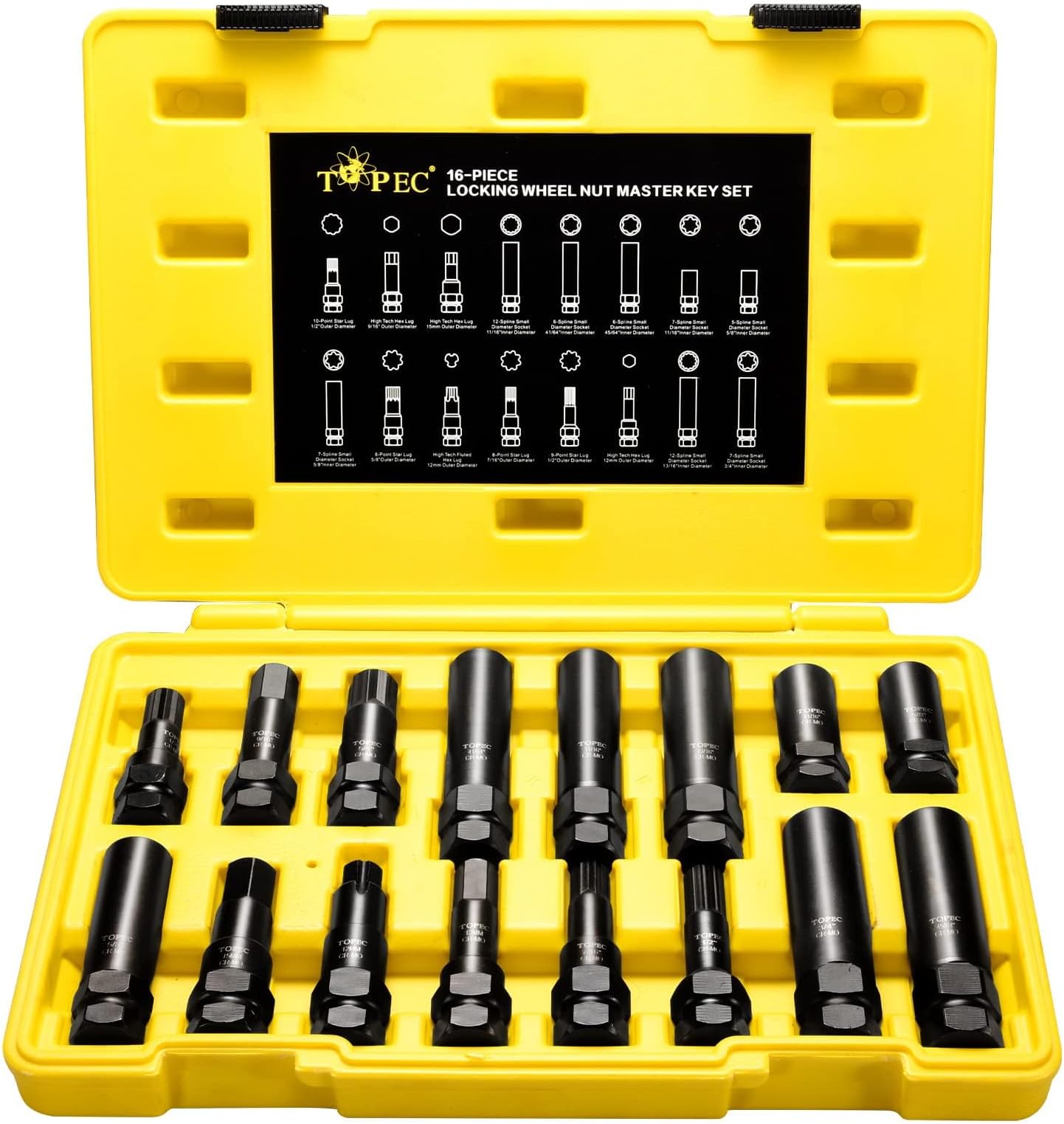 Topec 16-Piece Locking Lug Nut Master Key Set | 5, 6, 7, 12 Spline Socket Set, Star and Internal Hex Style Lug Nut Key Set, CR-MO Steel (Not for Hex, Deep, Large-Size, and 10-Spline)